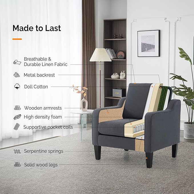 VINGLI Mid-Century Modern Accent Chair, Dark Grey Linen Upholstered, Comfortable & Supportive, 380lbs Weight Limit, Perfect for Living Room, Bedroom, Office