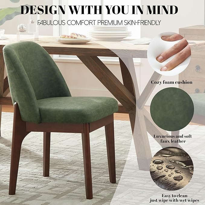 VKNOW Modern Dining Chairs Set of 4, Faux Leather Kitchen Chairs with Wood Legs, Upholstered Side Chair for Kitchen Dining Room, Green