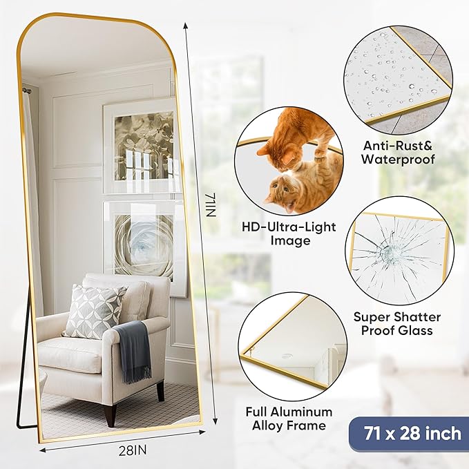 Antok Full Length Mirror, 71"x28" Floor Mirror Freestanding, Arched Floor Standing Large Mirrors Full Body Mirror with Stand for Bedroom, Hanging Mounted Mirrors for Living Room, Gold