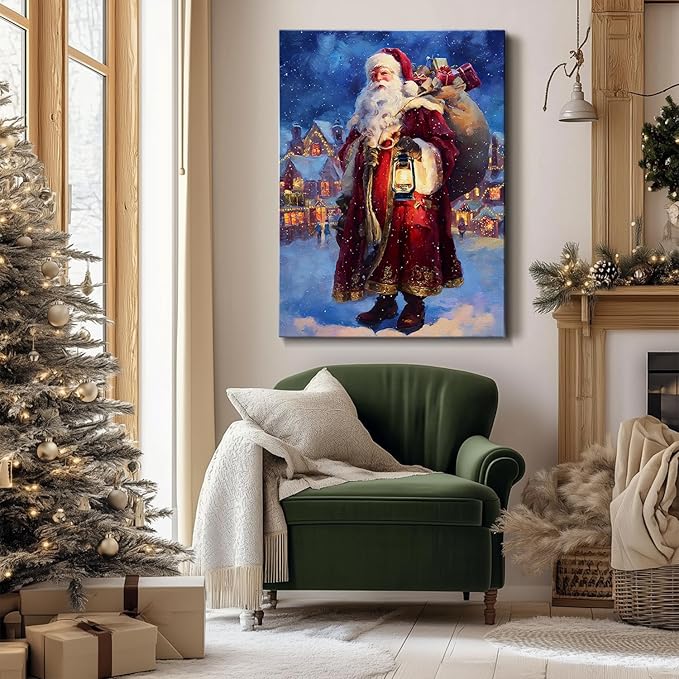 Vintage Santa Claus Delivers Gifts Canvas Wall Art - Rustic Framed Christmas Canvas Prints for Living Room, Cozy Winter Wall Decor, Ideal Christmas Gifts & Festive Decorations