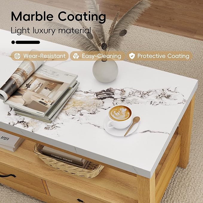 Coffee Table 40" Faux Marble 2-Tier Modern Wooden Rectangle Center Table with Drawers for Living Room, Conference Room, Thickened Top, Small Space Home Furniture (Natural Oak with Storage)