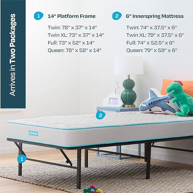 Linenspa 6-Inch Innerspring Mattress - Full + 14-Inch Folding Platform Bed Frame