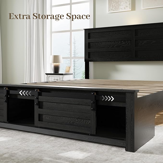 Queen Size Bed Frame with Wood Headboard, Wooden Platform Bedframe with Sliding Barn Door Footboard and Charging Station Easy Assembly, No Box Spring Needed (Black, Queen)