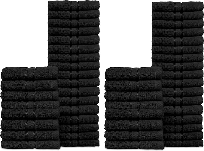 Ample Decor 100% Cotton Washcloths Set of 50 - Highly Absorbent, Popcorn Textured - Mulaayam Collection - Black 12 X 12 Inch