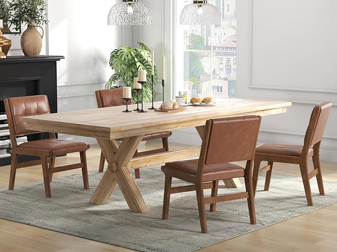 KCC Modern PU Leather Dining Chairs Set of 2, Upholstered Kitchen Chairs with Solid Wood Legs and Comfortable Seat for Dining Room/Lounge/Bedroom(Brown)