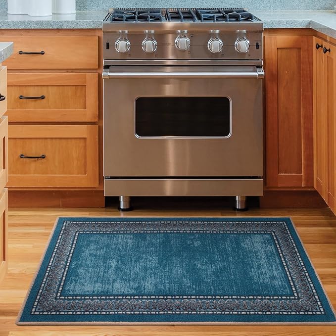 Antep Rugs Alfombras Bordered Modern 2x4 Non-Slip (Non-Skid) Low Pile Rubber Backing Kitchen Area Rug (Turquoise Blue, 2'3" x 4')