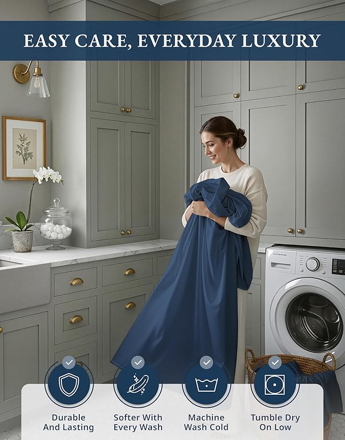 LANE LINEN 100% Egyptian Cotton Cal King Sheet Set, 15 inch Deep Pocket Fully Elasticized French Reinforced Pocket Seams for Soft, Comfy & Fresh Bed Eco Friendly Cooling Sheets - Estate Blue