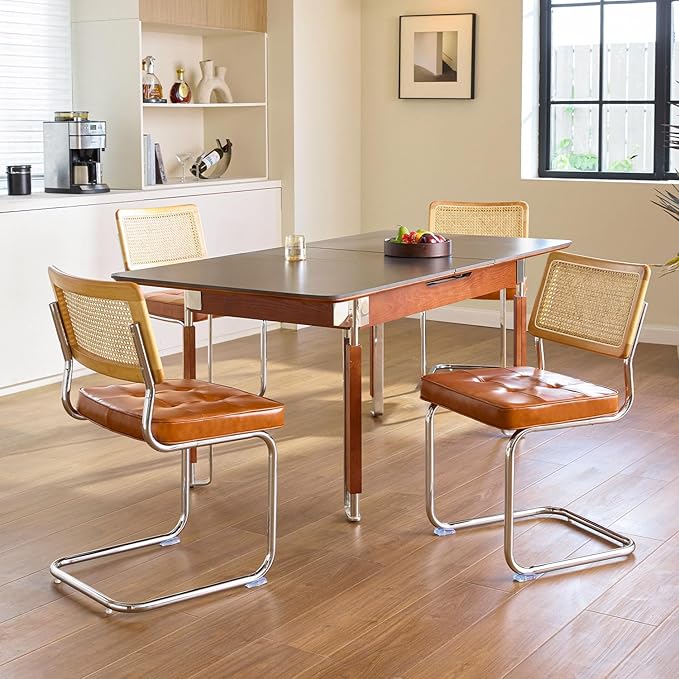 Brown Faux Leather Rattan Dining Chairs Set of 4, Wooden Mid Century Modern Dining Room Chairs, Mesh Back Cane Kitchen Chair, Cesca Design Chairs with Metal Chrome Legs