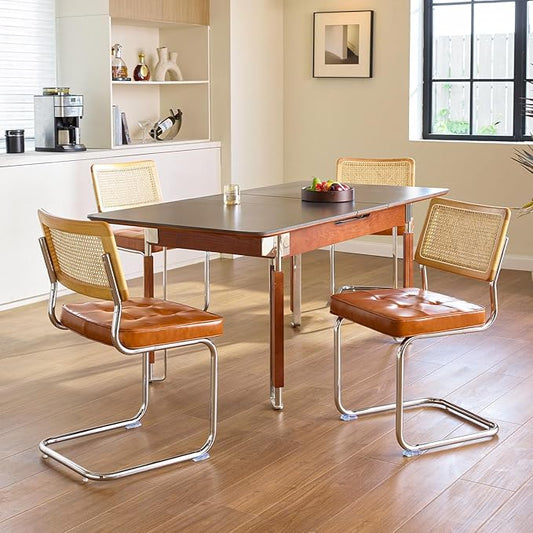 Brown Faux Leather Rattan Dining Chairs Set of 4, Wooden Mid Century Modern Dining Room Chairs, Mesh Back Cane Kitchen Chair, Cesca Design Chairs with Metal Chrome Legs