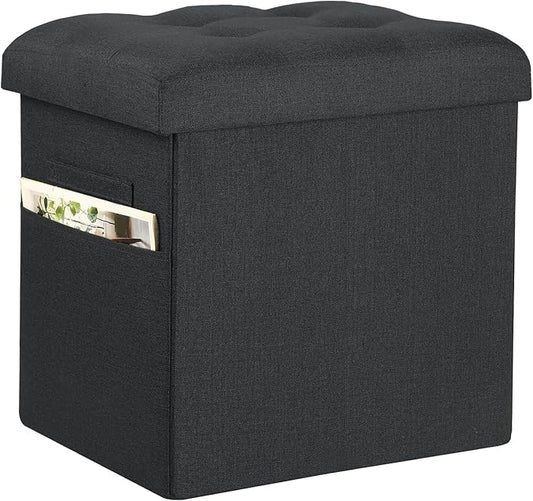 Storage Ottoman Foot Rest with Thicker Foam Padded Seat. 61L Slim Tall Small Bench with Storage. Linen Folding Footstool Bench for Living Room, Bedroom. 350lbs Load Capacity, 17x13x17in, Gray Black