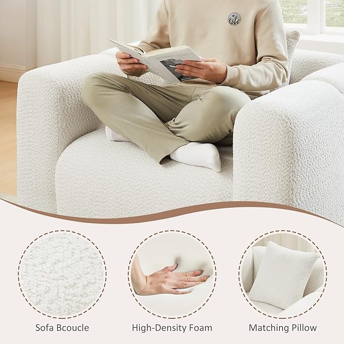 VANOMi 42" Width Accent Chair for Living Room, Modern Lounge Chair with Pillow, Comfy Upholstered Boucle Single Sofa Chair for Living Room (White)