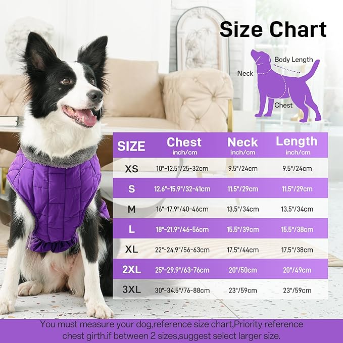 Warm Fleece Dog Coats with Durable Harness Buitl in D-Ring,Waterproof Doggie Jacket for Large Dogs,Dog Vest for Cold Winter,Purple XXXL