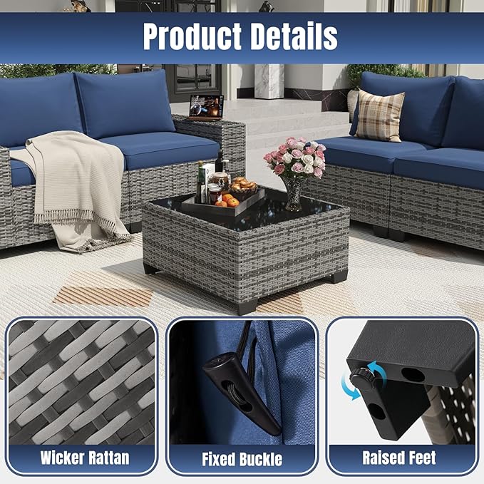 Aoxun 12 Pieces Patio Furniture Set Wicker Rattan Outdoor Sectional Conversation Set with Coffee Table and 4” Thickened Cushions, Gray Blue(Waterproof Cover Included)