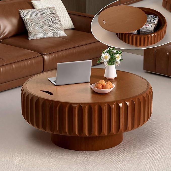 Round Coffee Tables with Storage Fluted Drum Coffee Table with Solid Wood Relief, Modern Circle Wooden Coffee Tables Brown Center Table Accent Tea Table for Living Room Apartment (Round 31.5'')