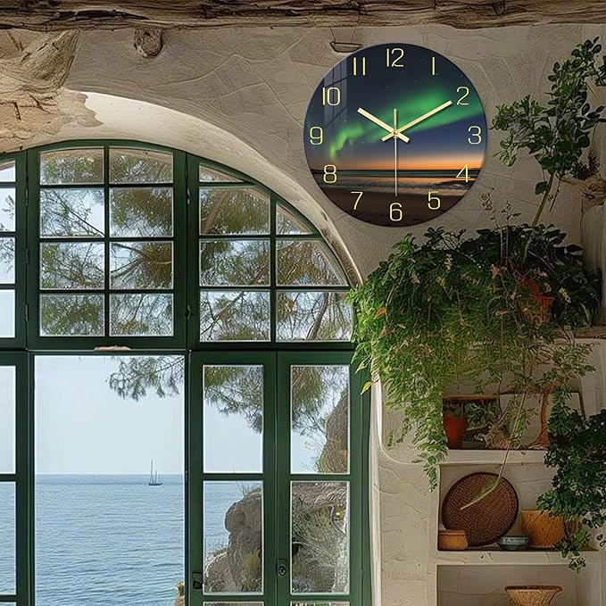 Coastal Large Wall Clocks for Living Room Decor 16 Inch Teal Glass Battery Wall Clock Modern Round Silent Wall Clock Non Ticking