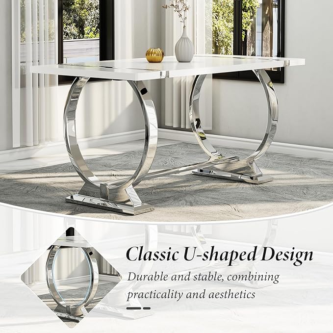 Asday White and Silver Rectangle Dining Table for 4-6, 60 inch Luxury Modern Dining Room Table with MDF Tabletop and Mirrored Chrome U-Shaped Base for Living Room, Kitchen, Apartment