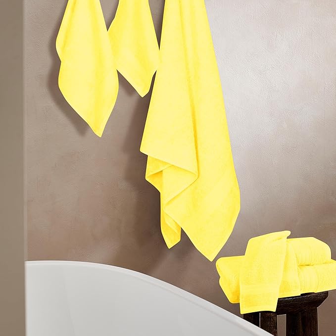 BOUTIQUO 6 Pack Cotton Towel Set, Contains 2 Bath Towels 27x54 inch, 2 Hand Towels 16x24 inch & 2 Wash Coths 12x12 inch, Ideal Everyday use, Ultra Soft Compact & Lightweight - Lime Yellow