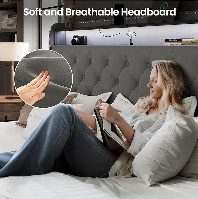 LARMACE Queen LED Bed Frame with Storage Headboard and USB Charging Station, Velvet Upholstered Platform Bed Frame with 4 Drawers, Tufted Beds with Heavy Duty Wood Slats Support, Easy Assembly, Grey