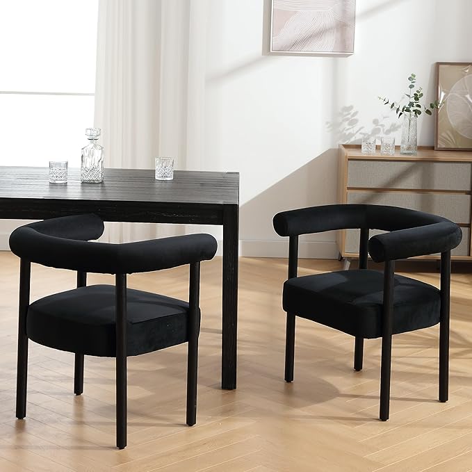 Velvet Dining Chairs Set of 2, Modern Upholstered Curved Backrest Kitchen Dining Room Chairs Accent Armchairs with Black Wood Legs, Black Velvet