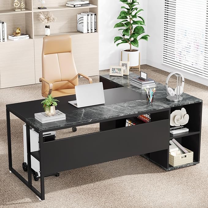 LITTLE TREE Large Executive Desk with File Cabinet, 71 inch L Shaped Computer Desk Office Desk with Drawers and Storage Shelves, Business Furniture Desk Workstation for Home Office, Black
