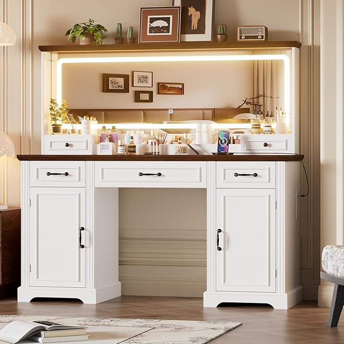 PAKASEPT 55.12" Large Makeup Vanity with LED Lights and 3 Light Modes, Vanity Set with 5 Drawers and Power Outlet, Vanity Desk for Women, Girls