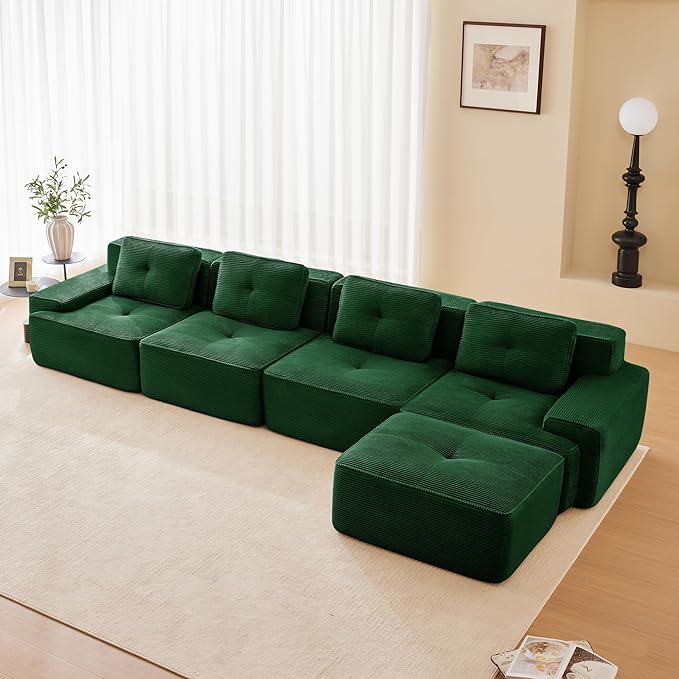 150.4'' Sectional Sofa, 32D Foam Corduroy Boneless Couch with Pillow, Deep Seat Wide Arm Sectional L Shaped Couch for Living Room, Apartment, Bedroom