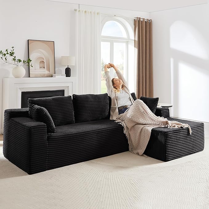 104 Inch Cloud Sectional Couch with L-Shape Chaise,Modern Upholstered Couches with Deep Seat,Corduroy Sponge Compressed Sofa for Living Room, Bedroom,No Assembly Required(Black)