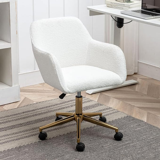 Goujxcy Fluffy Desk Chair, Faux Fur White Vanity Chair Swivel Office Chair for Girls Women, Height Adjustable Cute Teddy Furry Makeup Chairs for Bedroom Home Office