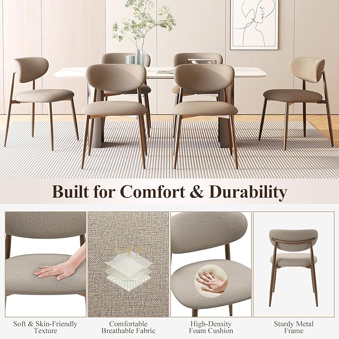 Dining Chairs Set of 6, Upholstered Dining Room Chairs with Metal Legs and Anti Slip Pads, Curved Back Kitchen Chair for Home and Restaurant Use, Camel