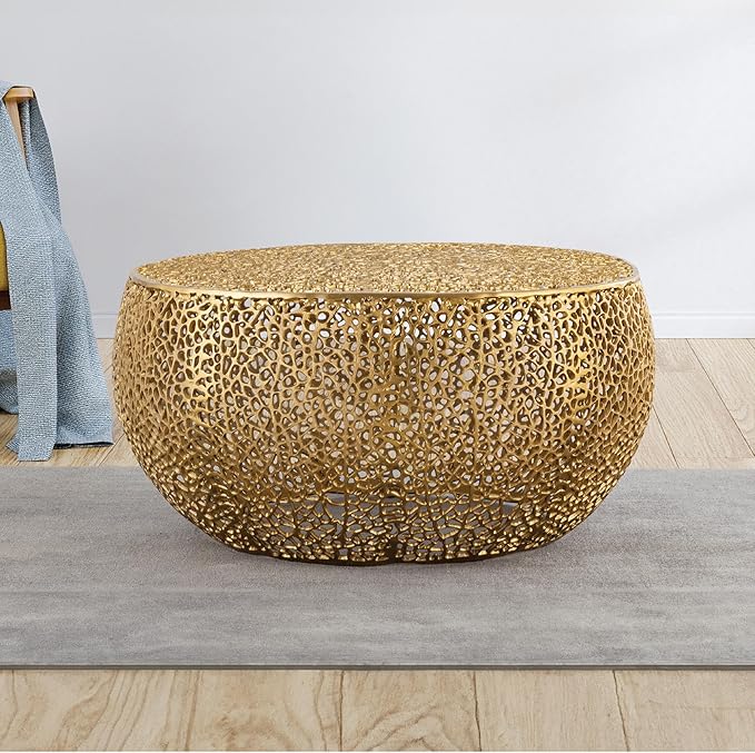 Modern Contemporary Round 32" Coffee Table, Solid Aluminum intrigued Design, Drum Shaped Mesh Cocktail Table, Creative Center Table for Living Room and Bedroom, Casted in Gold
