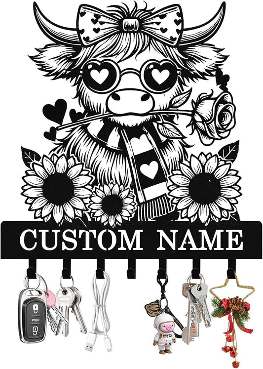Personalized Highland Cow Key Holder Wall Mount, Custom Metal Key Holder for Wall with Name, Custom Keys Rack Hanger with Hooks for Entryway, Front Door, Hallway, Living Room, Kitchen