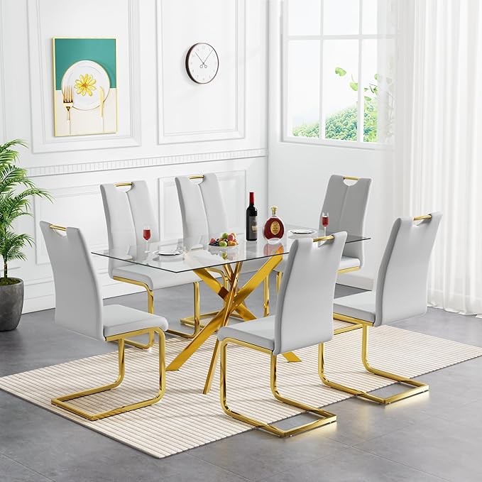 Modern Glass Dining Table Set for 6, Gold Glass Kitchen Table and Chairs Set of 6, 7 Piece Dining Room Table Set with 61" Rectangular Metal Glass Dinner Table and 6 Grey Leather Dining Chairs