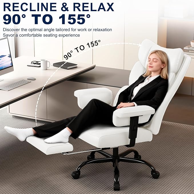 Misolant Big and Tall Office Chair with Footrest, High Back Executive Desk Chair with Adjustable Lift Armrest, 155°Recline，Lumbar Support Pillow, Faux Leather Gaming Chairs for Home or Office White