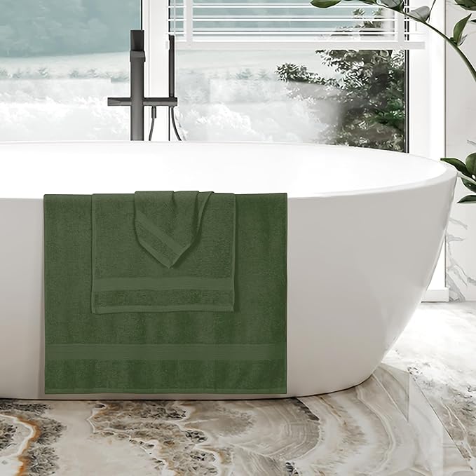 BOUTIQUO Ultra Soft 3 Pack Cotton Towel Set, Contains a Bath Towels 27x54 inch, a Hand Towels 16x24 inch & a Wash Coths 12x12 inch, Ideal Everyday use, Compact & Lightweight - Olive Green