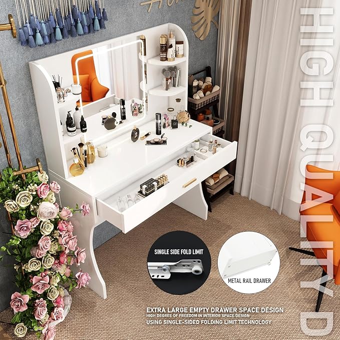 Vanity Desk, Makeup Vanity with Mirror and Lights, White Makeup Vanity Table with Big Drawer, Power Outlet, Stronger Links, for Bedroom, Dressing Room