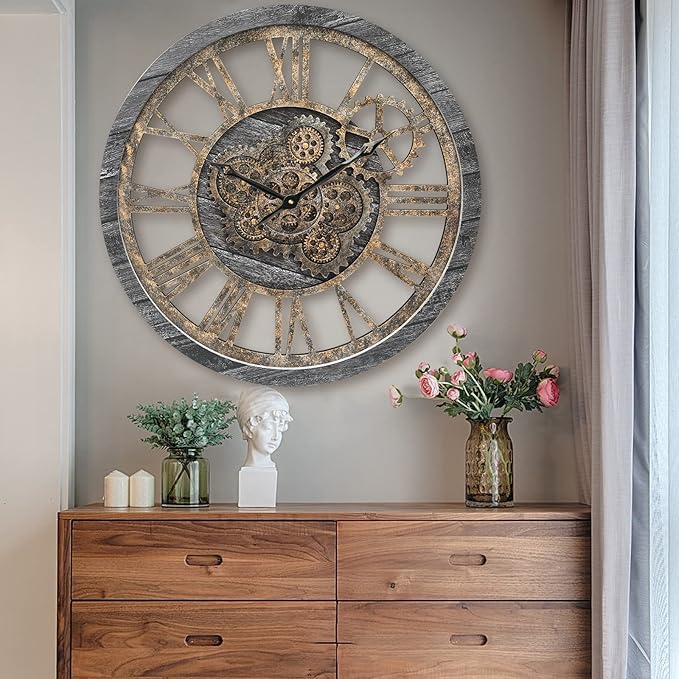 Large Wall Clock, Wall Clocks for Living Room Decor 20 Inch Farmhouse Vintage Rustic Kitchen Wall Decor Vintage Roman Oversized Wall Clock for Home Bedroom House Office, Moving Gears Clock