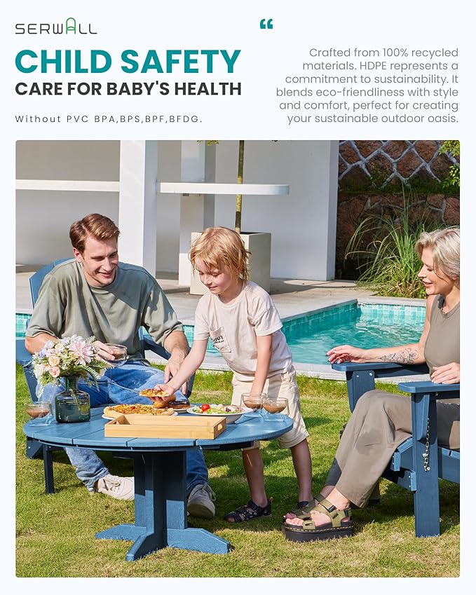 SERWALL Round Outdoor Coffee Table Set,Outdoor Round Coffee Table and Adirondack Chairs with Cup Holders Patio Furniture,Blue