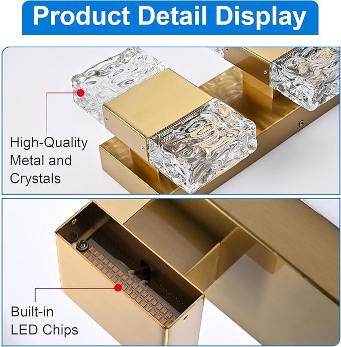 MELUCEE 4 Lights Bathroom Vanity Light Fixtures Modern LED Vanity Lighting Fixture Brass Crystal Vanity Light Bar 32W LED Wall Mounted Lamp Above Mirror Sink Dressing Table, 3000K Warm Lighting