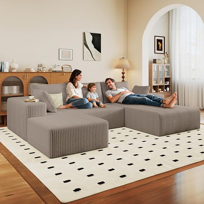 96" U-Shape Cloud Couch, Modern Modular Sectional L-Shape Sofa with Ottoman, Corduroy Upholstered Couches Deep Seat Chaise Longue for Living Room, No Assembly Required(Camel, Right Facing)