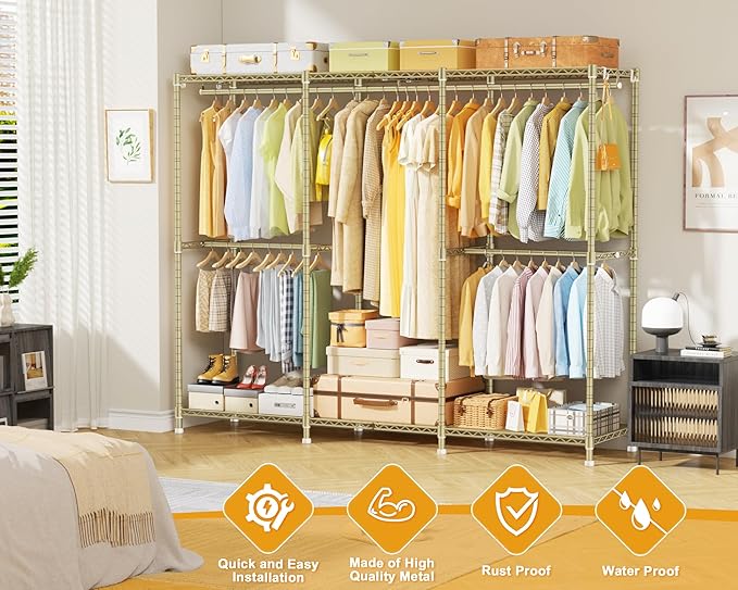 E14 Heavy Duty Clothes Rack，Freestanding Clothing Racks for Hanging Clothes，Adjustable Closet Organizers and Storage，Metal Garment Rack with Shelves 69" W x16 D x77 H，Max Load 960LBS，Gold