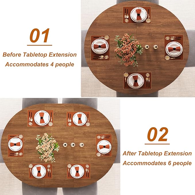 47"-63" Extendable Dining Table for 4 5 6 People,63" Farmhouse Round Extending Dining Table w/Removable Leaves Space Saving,Wooden Adjustable Tables for Kitchen Office Living Room (Brown)