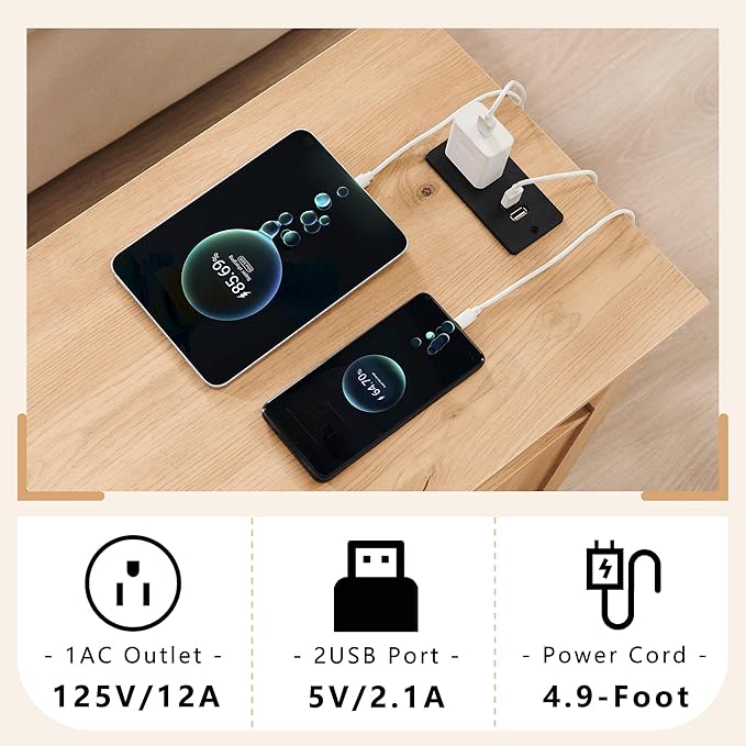 Farmhouse Nightstand Set of 2, End Table with Charging Station, Rustic Side Table w/Barn Door & Open Shelves, Bedside Table w/Storage Space and Storage Cabinet for Bedroom, Living Room (Natural)