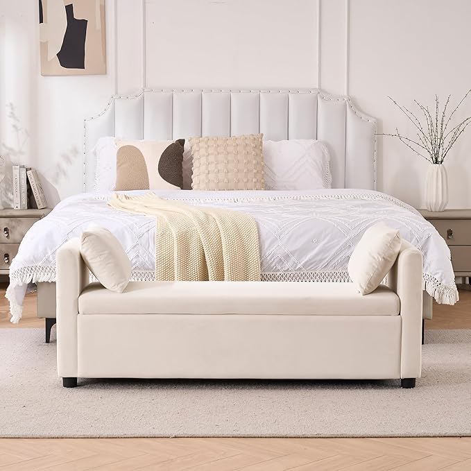 Storage Bench for Bedroom, 55" End of Bed Bench for King Size Bed, Modern Upholstered Long Ottoman Bench with Arms and 2 Pillows for Living Room/Entryway (Ivory White)