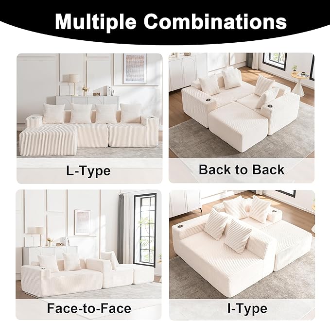 106" Modular Sectional Sofa, Modern Cloud L-Shape Couch with Ottoman Chaise, Comfy Deep Seat Chenille Boneless Couches for Living Room, No Assembly Required, Beige