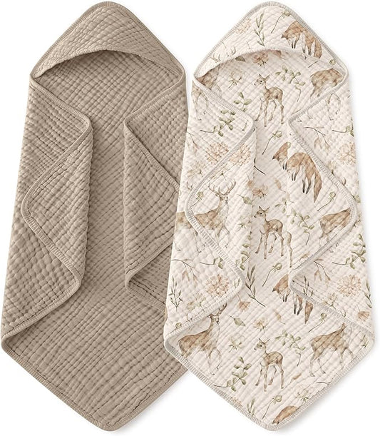 Yoofoss Hooded Baby Towels for Newborn 2 Pack 100% Muslin Organic Cotton Baby Bath Towel with Hood for Babies, Infant, Toddler and Kids, Large 32x32Inch, Soft and Absorbent Newborn Essential