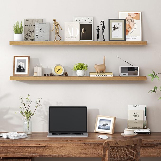 Heimlove 48 Inch Floating Shelves for Wall,Extra Long Wood Shelves Mounted Storage Hanging Shelf Invisible Bracket for Bedroom,Living Room,Kitchen,Office,Set of 2,Oak Color