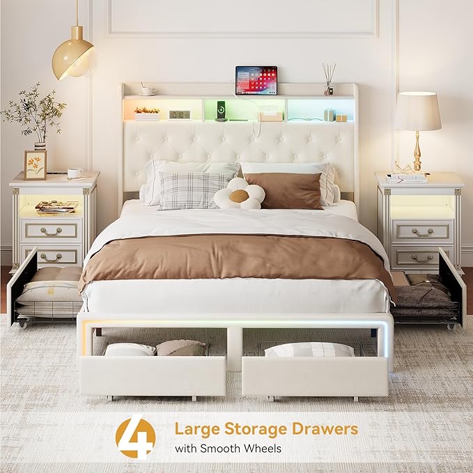 King LED Bed Frame with Storage Headboard & Charging Station, Velvet Fabric Platform Bed Frames with 4 Drawers, Button Tufted Upholstered, No Box Spring Needed, Beige