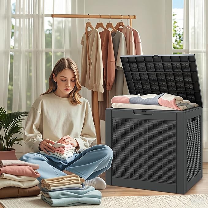 Outdoor Storage Box, Resin Deck Boxes Indoor and outdoor, Waterproof Storage Box Lockable Lid (Black, 35 Gallon)