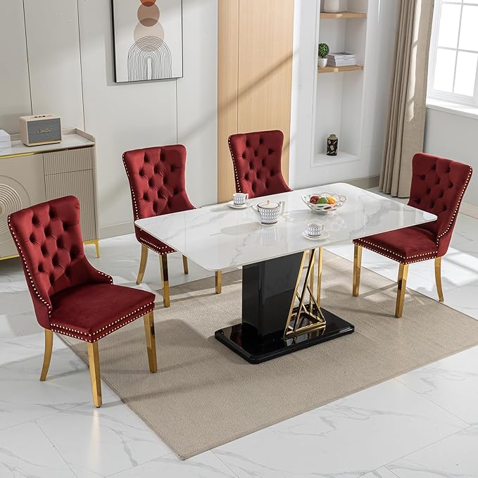 Luxury Upholstered Dining Chairs Set of 2, Red Kitchen Chair with Golden Metal Legs, Velvet Tufted Back Dining Chair, Sillas de Comedor, Modern Kitchen & Dining Room Chairs (Burgundy, 2 Pcs)