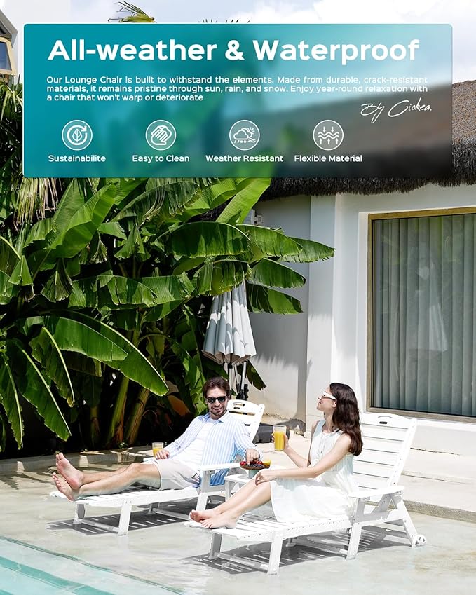 Ciokea Lounge Chair Outdoor, Oversized Chaise Lounge Chair with 5 Positions, HDPE, Patio Lounge Chair with Wheels & Cup Holder for Pool, Deck, Poolside, White